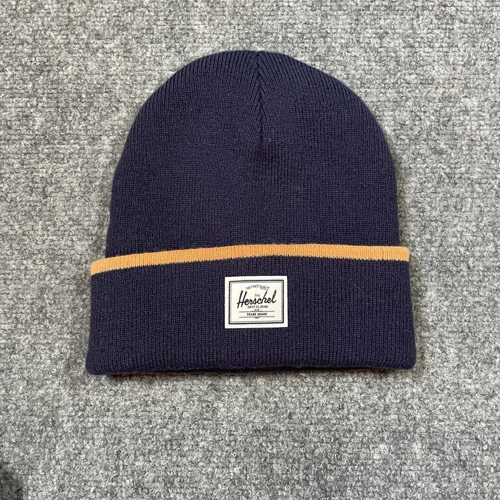 Herschel Navy Blue Beanie Striped Hat Unisex Collegiate Blue Gold Logo OS